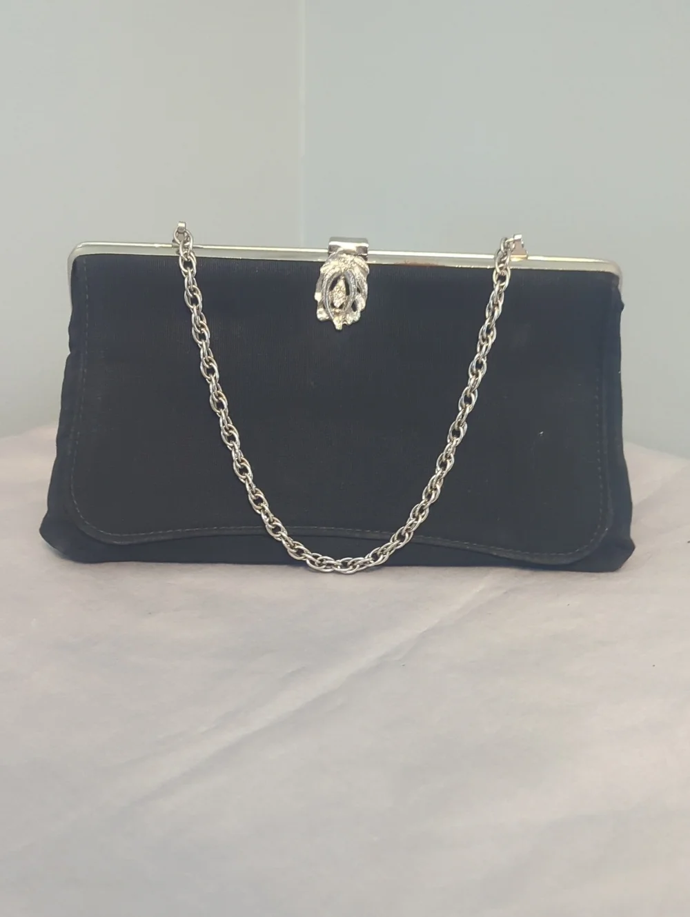 Vintage Clutch Handbag with Silver Hardware Tuckable Wrist Strap